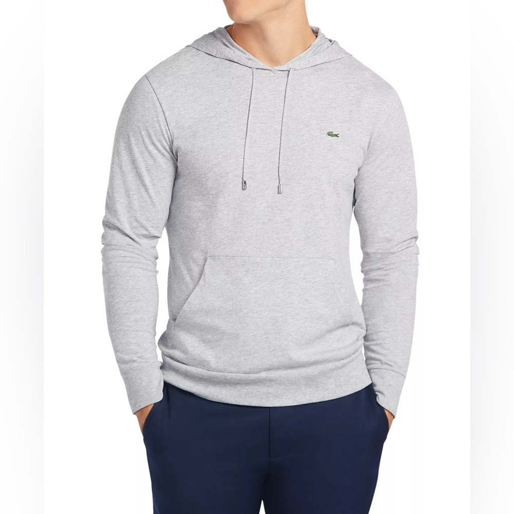 MENS LACOSTE GRAY JERSEY LONG-SLEEVE HOODED TEE, LARGE
